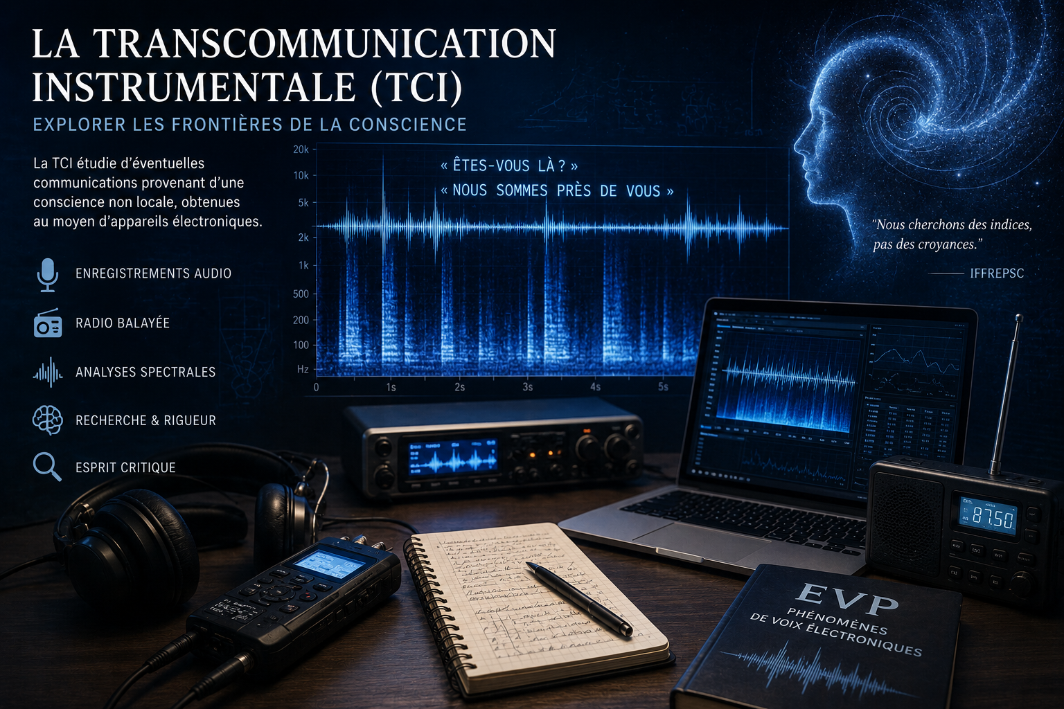 Illustration scientifique de la Transcommunication Instrumentale (TCI), discipline de la parapsychologie étudiant les phénomènes de voix électroniques et les hypothèses liées à la conscience.