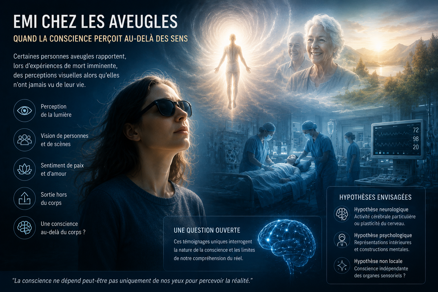llustration scientifique d'une expérience de mort imminente chez une personne aveugle, représentant les perceptions rapportées lors des EMI et les recherches sur la conscience après la mort.