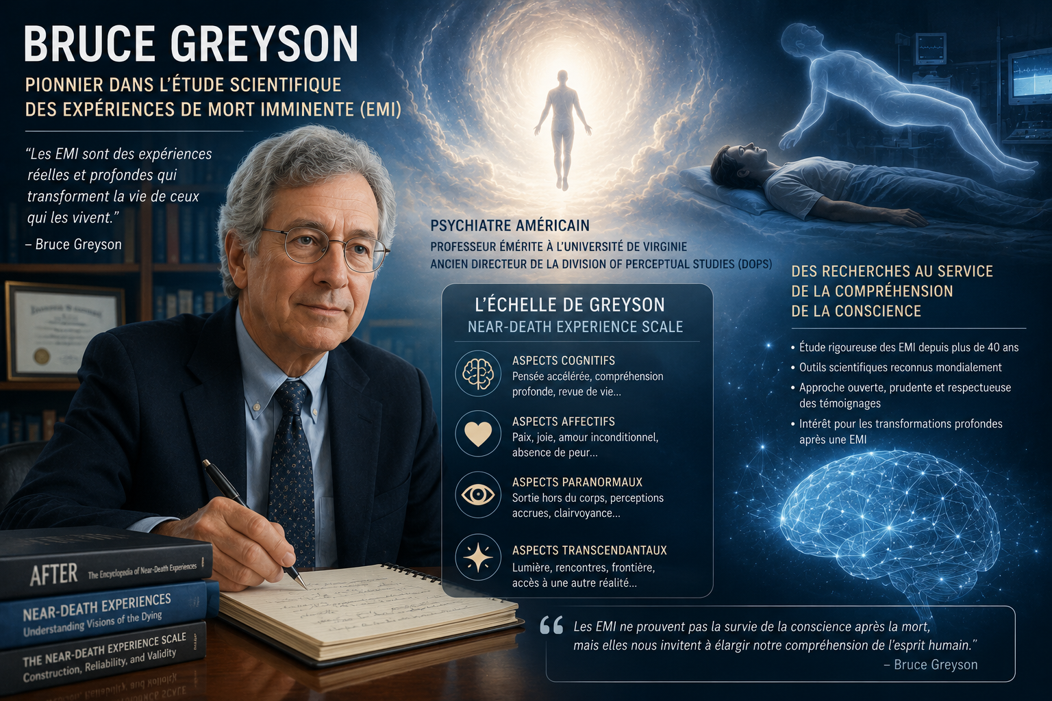 Bruce Greyson est l'un des principaux chercheurs ayant contribué à l'étude scientifique des expériences de mort imminente et à la création de la célèbre échelle de Greyson.