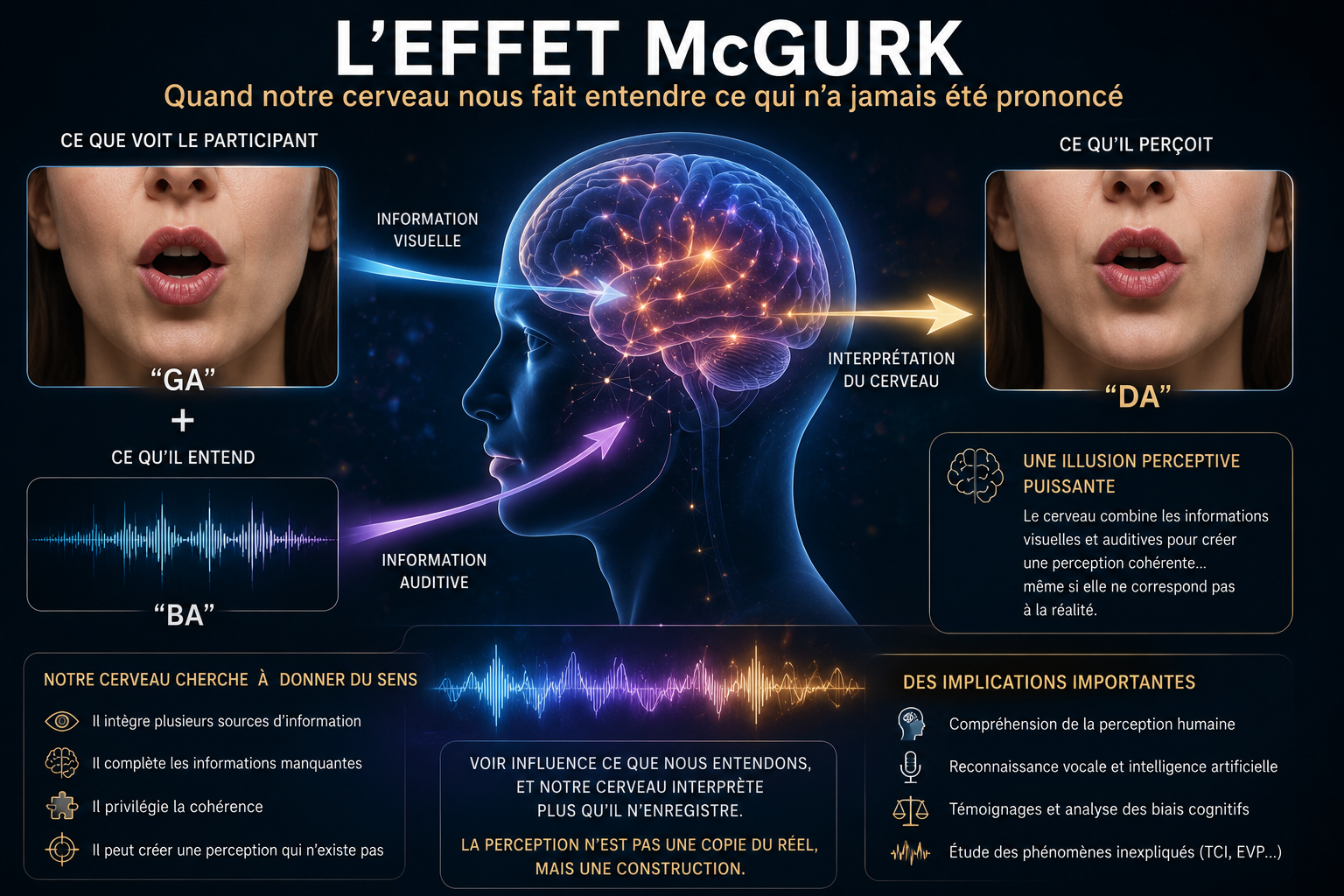 Illustration pédagogique de l'effet McGurk montrant comment le cerveau combine les informations visuelles et auditives pour créer une perception différente du son réellement entendu.