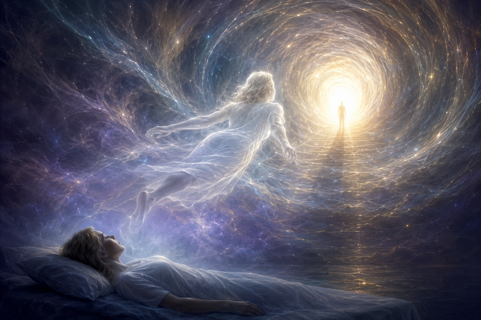 Cette illustration représente de manière symbolique une expérience de mort imminente (EMI), caractérisée par une perception de sortie hors du corps, un tunnel lumineux et une sensation de transition. Elle accompagne un article consacré aux recherches scientifiques, médicales et parapsychologiques sur les EMI et leur possible lien avec la survivalité de la conscience. L'image illustre une hypothèse de recherche et ne constitue pas une représentation factuelle d'un phénomène démontré.